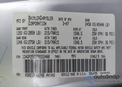 2007 Dodge Caravan Se from USA, damaged, VIN 1D4GP25E27B222406